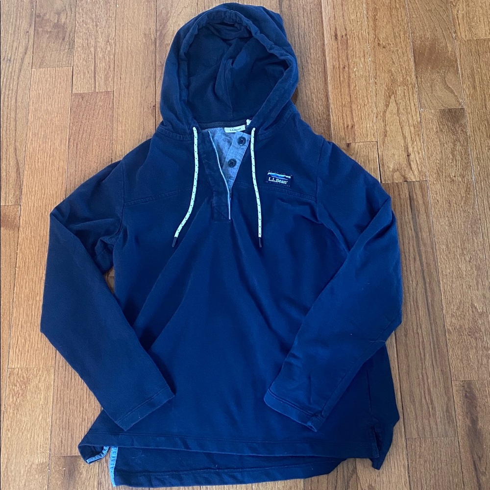 L.L. Bean Navy Hooded Henley Sweatshirt Lightweight Cotton Pullover M - Picture 3 of 9